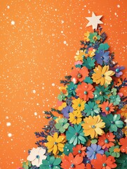Colorful Paper Flower Christmas Tree Against a Bright Orange Background with Snowfall Effect, Perfect for Festive Holiday Decor and Creative Art Displays
