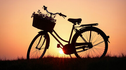Bicicleta vintage con flores al atardecer