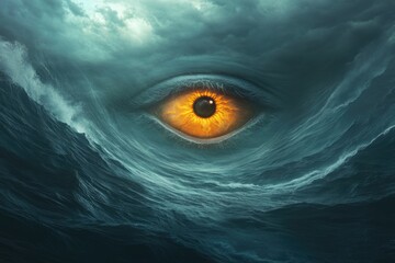 A fiery eye emerges from a stormy sea, symbolizing power and chaos.