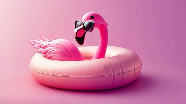 Fun pink flamingo float in sunglasses against a pink background perfect for summer relaxation