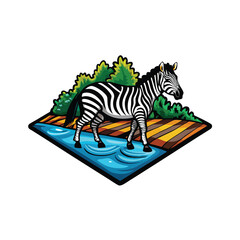 A vibrant zebra gracefully crosses a rushing river, detailed stone riverbanks, lush vegetation.