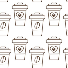 Outline Disposable cups with hearts and coffee beans on label Seamless Pattern. Takeaway background