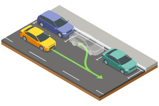 Isometric illustration of a parallel parking maneuver. A transparent car outline and green arrow indicate the parking trajectory between a red car and a blue car on the roadside