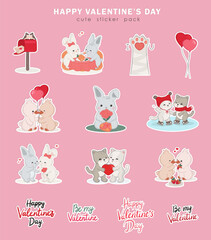 Valentine's day sticker pack with cartoon hand-drawn romantic illustrations. Doodle kawaii sticker set with cute cats, adorable bunnies, lovely ducks, heart-shaped balloons, mailbox with a love letter