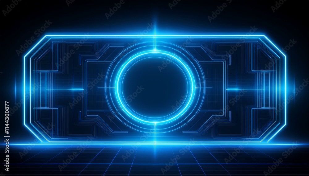 Poster cybernetic circle: abstract digital art featuring a glowing blue circular interface with technologic