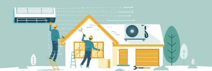 Technician installs air conditioning unit on a residential home during summer afternoon for optimal cooling efficiency. Generative AI