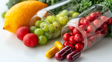 Two Open Pills Filled With Different Fruits, Vegetables, And Nuts On A White Background, Representing The Concept Of Healthy Eating