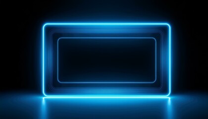 Neon Blue Rectangle Frame: Futuristic glowing blue neon light rectangle frame on dark background. Ideal for presentations, tech designs, and futuristic concepts.  