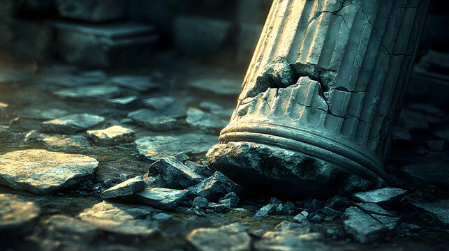 Broken ancient stone column lies on ruins.