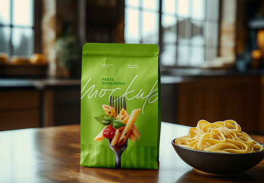 Pasta Packaging Mockup in Rustic Kitchen Scene &ndash; Realistic Food Bag Template for Italian Cuisine Branding, Grocery Promotion, or Organic Product Presentation