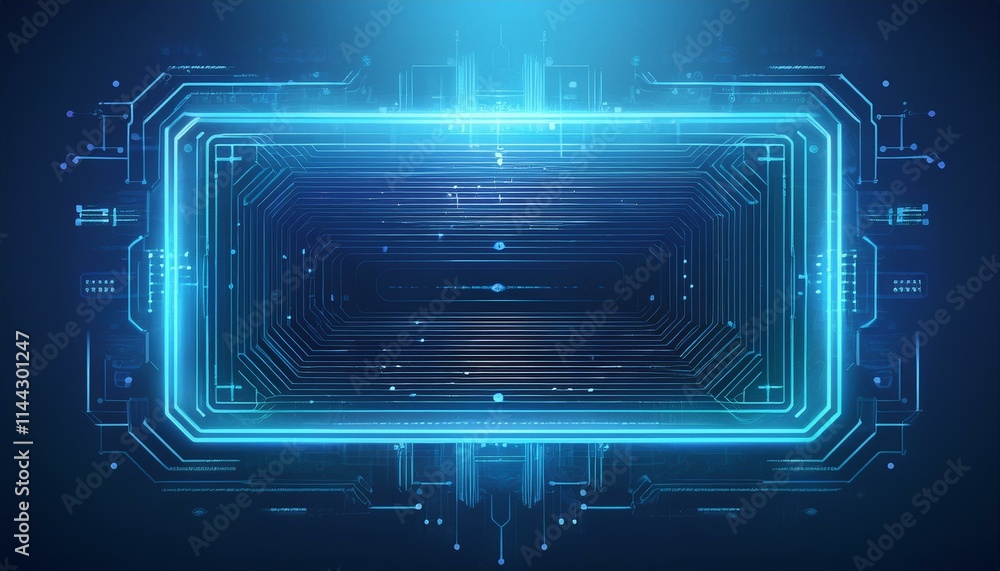 Poster digital gateway: futuristic blue neon frame. abstract technology background with glowing blue neon f