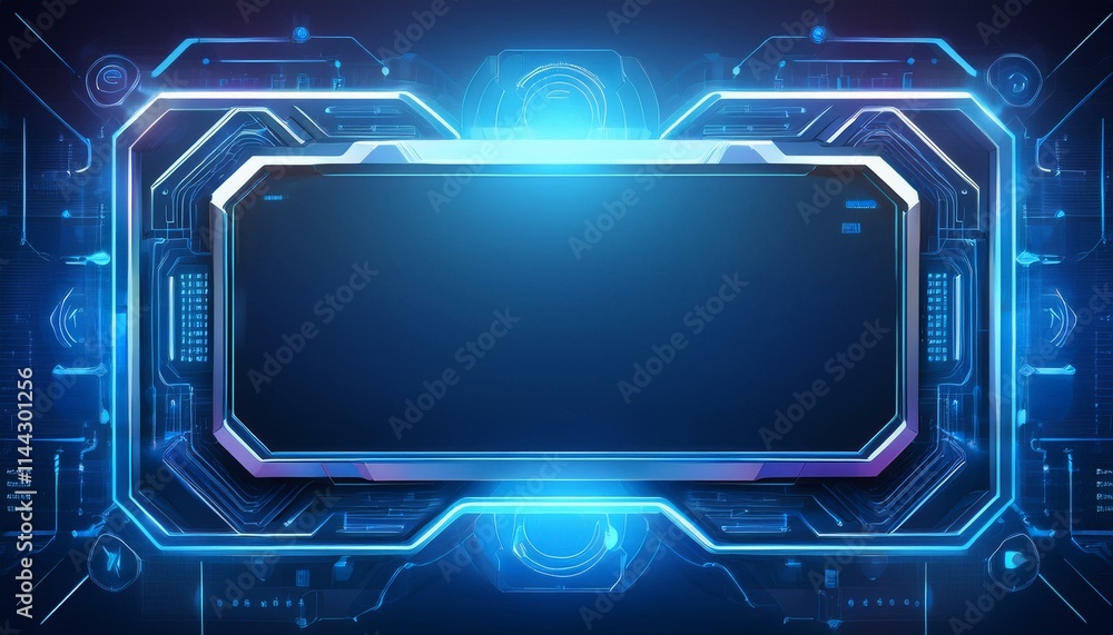 Poster futuristic tech interface: abstract digital display with glowing blue lines and a dark central scree