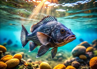 Obraz premium Black Margate Fish: High-Resolution Underwater Photography, Deep Ocean, Vivid Colors, Detailed Scales, Sharp Focus, Marine Life
