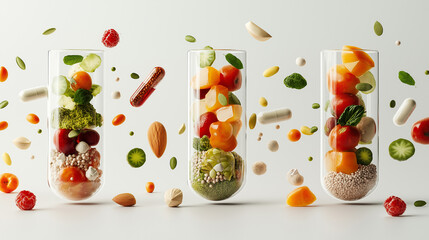 Two Open Pills Filled With Different Fruits, Vegetables, And Nuts On A White Background, Representing The Concept Of Healthy Eating