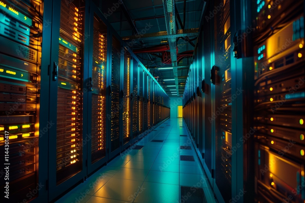 Poster modern data center with rows of supercomputers storing information