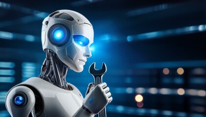 AI Robot Repair: Futuristic android technician with glowing blue eyes holds a wrench, ready for maintenance or repair in a high-tech server room setting.  