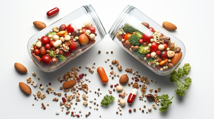 Two Open Pills Filled With Different Fruits, Vegetables, And Nuts On A White Background, Representing The Concept Of Healthy Eating
