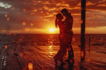 Romantic beachside embrace at sunset with rainfall and golden sky