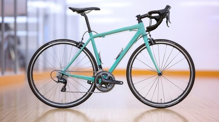 Fototapeta premium A sleek, mint-green road bike stands on a wooden floor, showcasing its modern design and features in a well-lit indoor setting.
