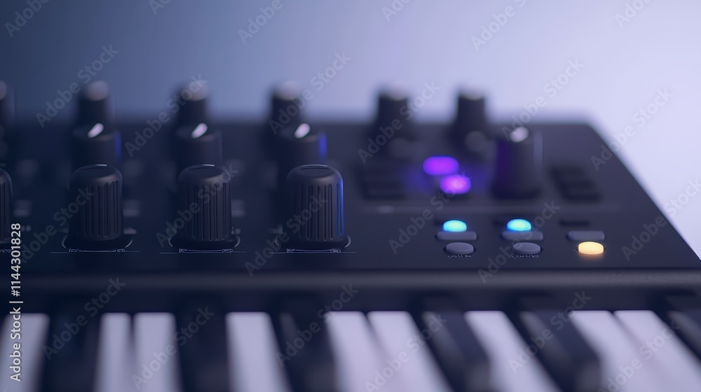 Poster a close-up view of a keyboard synthesizer featuring knobs and colorful buttons, highlighting its mod
