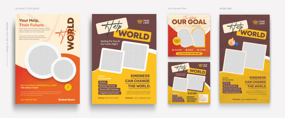 Social activity and charity flyer, social media and story set