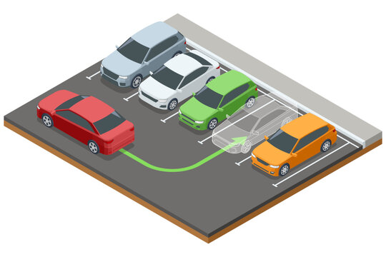 Isometric parking scene with multiple cars in a parking lot. A red car is reversing with a green guide arrow indicating its parking maneuver. Various parked vehicles surround the lot