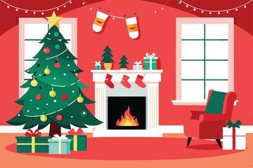 A cozy, warmly lit living room decorated for Christmas, featuring a decorated Christmas tree, fireplace, and comfortable seating.  Focus on the festive atmosphere.