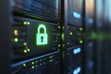 Secure data storage: green lock symbol on server racks highlighting cybersecurity