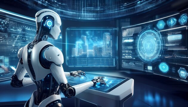 AI Robot Analyzing Data: Futuristic scene of an advanced humanoid robot working on a large interactive touchscreen display, surrounded by holographic city data and complex digital interfaces.
