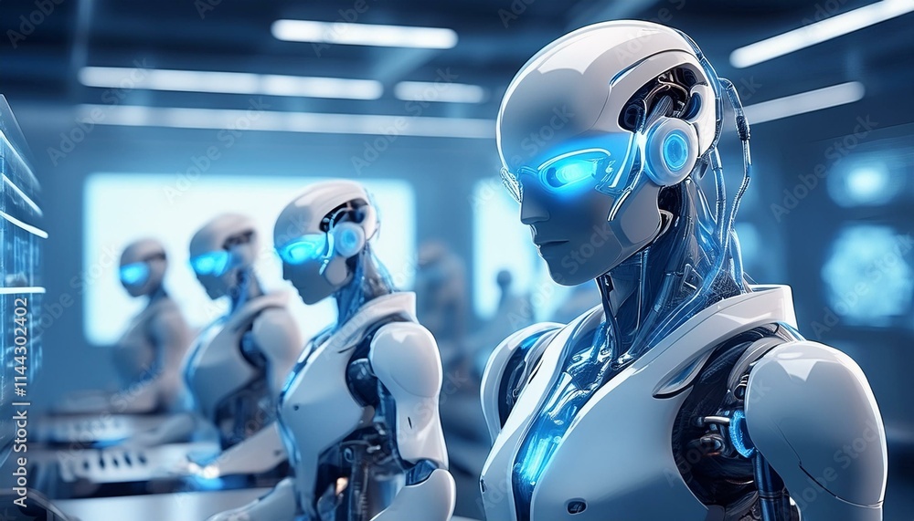 Poster the future of automation: a group of advanced, humanoid robots with glowing blue eyes stand in a fut