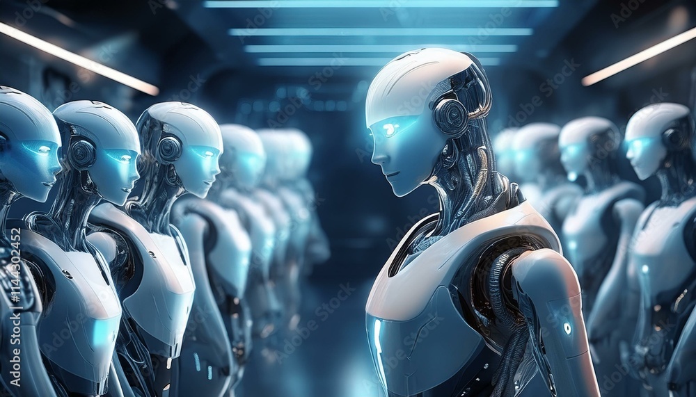 Poster the rise of the machines: a haunting and futuristic image of a line of humanoid robots standing in a