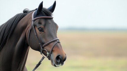 A close-up of a dark horse with a braided mane, wearing a bridle, set against a blurred natural landscape.