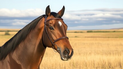 Obraz premium A close-up of a brown horse standing in a golden field under a blue sky with clouds, showcasing its calm demeanor and natural beauty.
