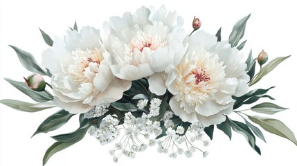 Fototapeta premium Elegant White Peonies and Babys Breath Bouquet