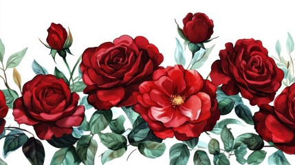Watercolor Painting of Dark Red Roses and Green Leaves