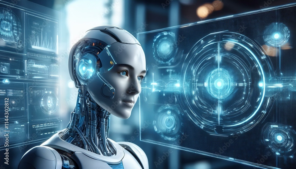 Poster ai female robot analyzing data on holographic interface