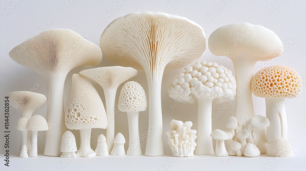 Poster a collection of intricately designed white mushrooms showcasing various shapes and textures, arrange