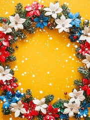 Festive Colorful Wreath with Red, White, and Blue Flowers on Bright Yellow Background Perfect for Holiday Celebrations and Christmas Decorations