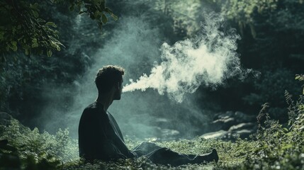 Obraz premium Man exhaling smoke in forest.