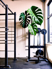 Urban Jungle Gym Monstera growing in an industrial-style gym, adding a touch of nature to the space.