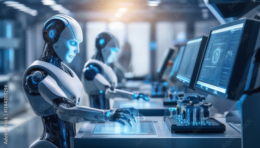 Poster the future of work: a captivating image of advanced android robots, their blue eyes glowing with int