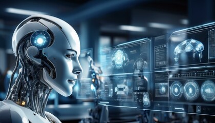 AI Robot in Futuristic Lab:  A humanoid robot with advanced circuitry and glowing blue eyes gazes intently at a holographic screen displaying complex data and intricate patterns.