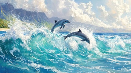 Naklejka premium Two dolphins leap from vibrant ocean waves under a bright sky, showcasing marine beauty.