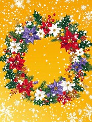 Vibrant Christmas Wreath Illustration with Flowers and Berries on Golden Background for Holiday Decor and Seasonal Celebrations