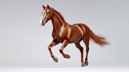 Naklejka premium A majestic brown horse gallops gracefully, showcasing its strength and elegance against a minimalist background.