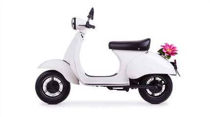 A stylish white scooter adorned with a flower, showcasing a blend of vintage and modern design elements.
