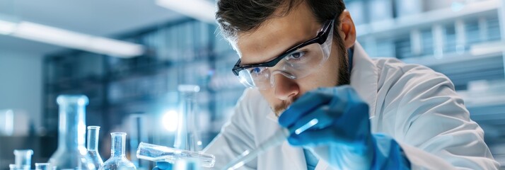 A focused scientist in a lab examines a liquid with a pipette, surrounded by glassware and equipment, highlighting the precision of scientific research.