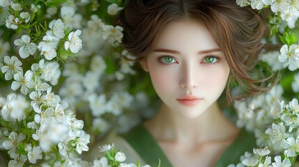 Naklejka premium A serene portrait of a woman surrounded by flowers.