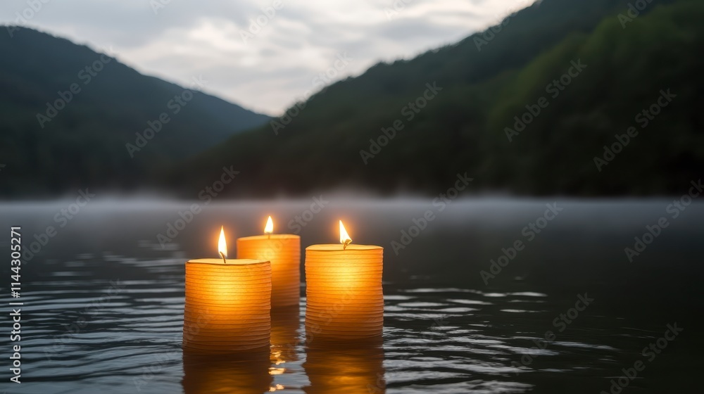 Poster three illuminated candles float serenely on a calm lake, surrounded by misty mountains under a cloud