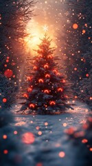 Enchanted Christmas Tree with Red Ornaments in a Snowy Evening